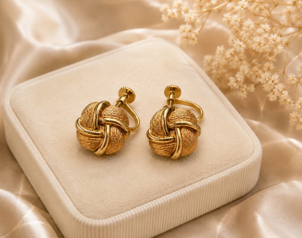 Vintage Napier Gold Tone Knot Earrings Textured Adjustable Screw Back Clip On